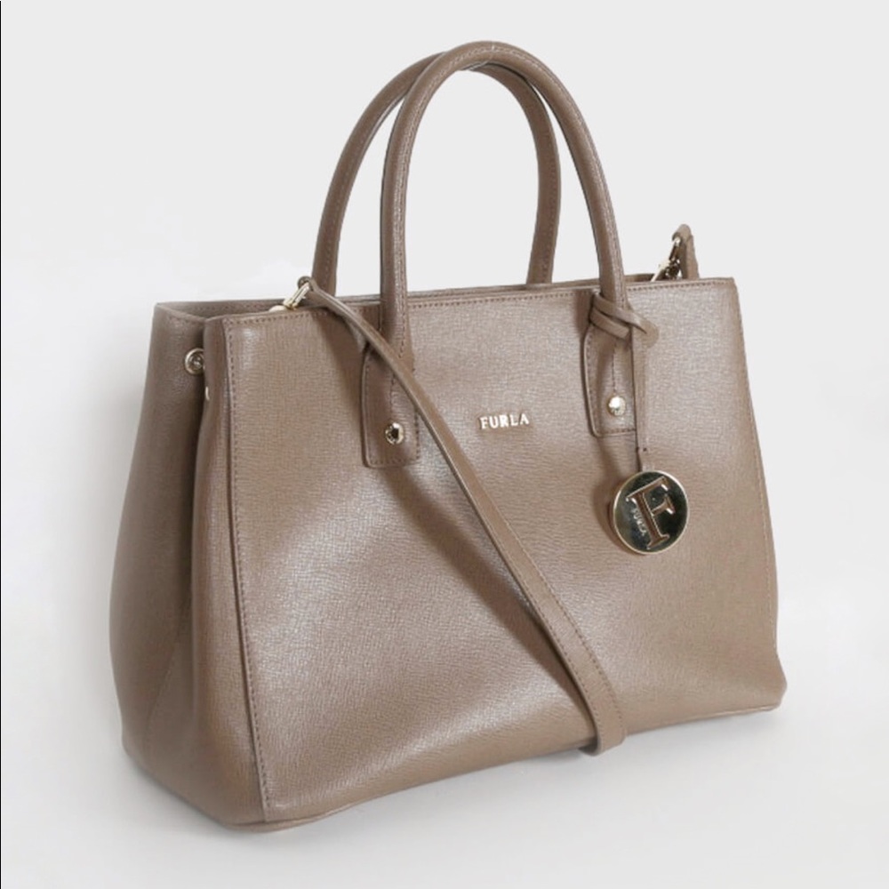 FURLA Linda tan saffiano leather top handle satchel purse